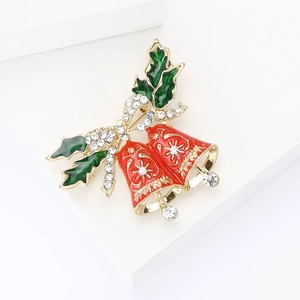 Exquisite Christmas bell brooch with red enamel and rhinestone bow for suits