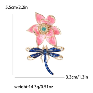 Chinese style enamel lotus and dragonfly brooch with blue crystals and gold plating