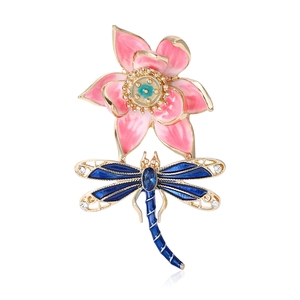 Elegant Chinese lotus dragonfly brooch in pink and blue enamel with gold alloy finish