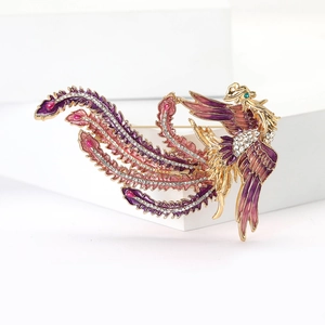 Broche phénix en alliage élégante avec émail violet et strass blancs brillants