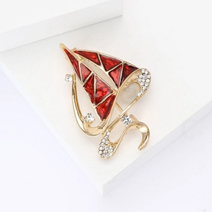 Exquisite red enamel sailing boat brooch with sparkling rhinestones in gold setting