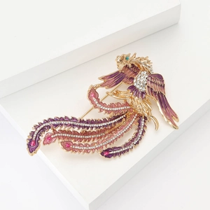 Broche phénix élégante avec émail violet et strass sur alliage doré brillant