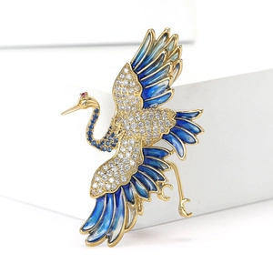 Chinese Style Crane Brooch Copper Zirconia Enamel Animal Pin For Women Men Vintage Elegant Jewelry Dress Suit Accessory