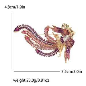 Broche phénix élégante en émail avec strass et pierre d'émeraude incrustée