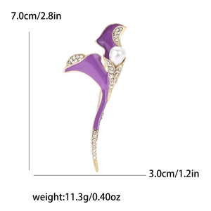 Broche tulipe élégante en émail violet avec strass brillants et détail perle