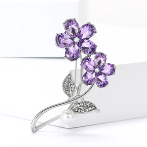 Broche élégante à double fleur en cristal violet avec strass brillants et perle blanche