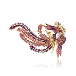 Broche phénix élégante en émail violet et strass scintillants sur un alliage doré