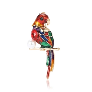 Exquisite bunte Papagei-Brosche aus Goldlegierung mit Emaille-Flügeln und rotem Edelstein