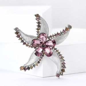 Elegant starfish brooch with pink crystal flower center and silver textured metal finish