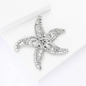 Macro detail of the silver starfish brooch back showing pin clasp and metallic texture