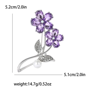 Élégante broche double fleur en cristal violet avec perles et strass étincelants