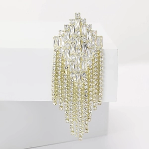 Elegant gold rhinestone brooch with diamond shapes and hanging tassel chains for women