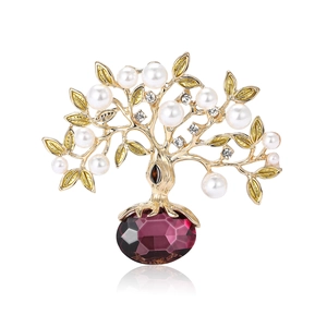Broche arbre de vie en alliage doré avec perles, cristaux jaunes et pierre gemme violette