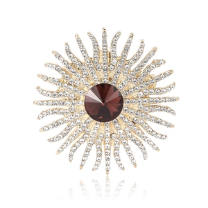 Elegant gold alloy sunflower brooch with brown crystal center and pavé rhinestones