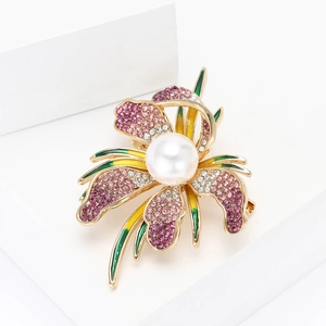 Elegant gold orchid brooch with gradient pink rhinestones and a large white pearl