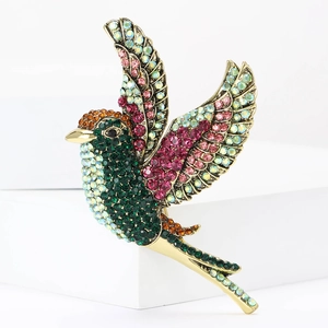 Exquise broche colibri en cristal haut de gamme dorée avec des strass multicolores
