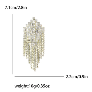 Elegant rhinestone tassel brooch with diamond-cut crystals and detailed size specifications