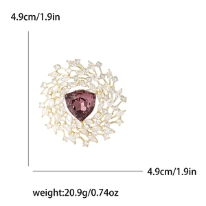 Elegant circular copper brooch with purple zircon and diamonds, dimensions 4.9cm by 1.9in
