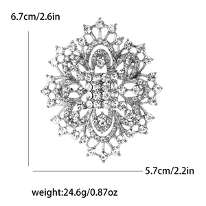 Elegant vintage style silver crystal flower brooch with detailed size dimensions