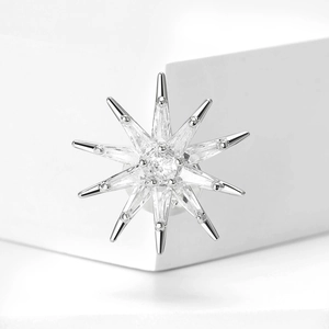 Detailed view of an elegant silver starburst brooch with micro-pave cubic zirconia crystals