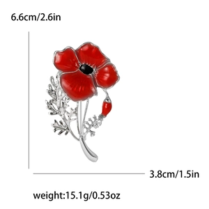 Detailed size view of red enamel poppy brooch showing dimensions 6.6cm by 3.8cm