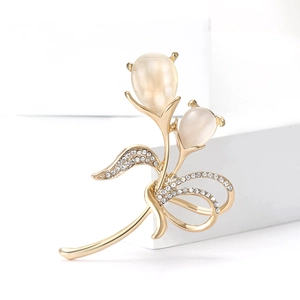 Élégante Broche Bouquet de Tulipes pour Femmes Broche Fleur en Alliage Plaqué Or avec Pierre Œil de Chat et Strass Bijoux