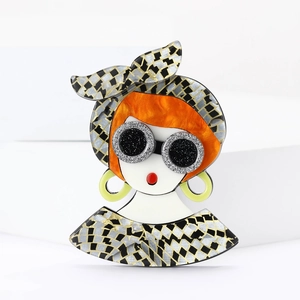 Broche en Acrylique Fille de Dessin Animé avec Lunettes de Soleil Pin's de Portrait Rétro Art Moderne pour Costumes Femmes