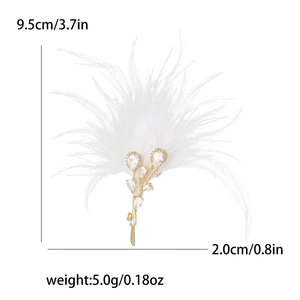 Broche élégante en plume dorée avec plumes blanches et cristaux de zircon, 9,5cm de long