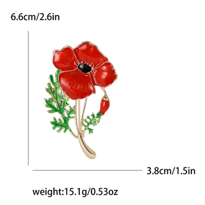 Elegant red enamel poppy flower brooch for women with size 6.6cm x 3.8cm