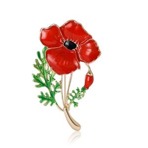 Elegant gold-tone alloy red poppy flower enamel brooch with green leaf for suits