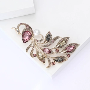 Elegant gold peacock brooch with purple pear crystals and white pearls for women