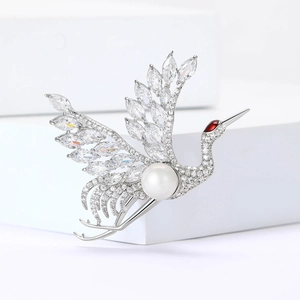 Elegant Red-crowned Crane Brooch Pin For Women Luxury Copper Zirconia White Imitation Artificial Pearl Chinese Style Bird Jewelry