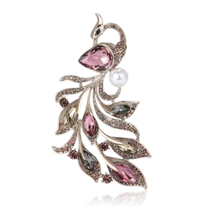 Elegant phoenix alloy brooch with colorful crystals and white pearl on white background
