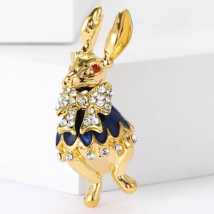 Mignonne Broche Lapin Gentleman en Alliage de Strass Élégante Épingle Animale en Émail Or Bleu pour Costume Chemise Bijoux Accessoire Homme Femme