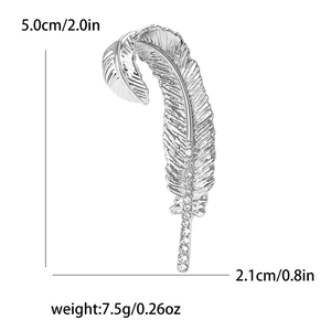 Detailed dimensions of silver feather brooch with rhinestones: 5.0cm long and 2.1cm wide