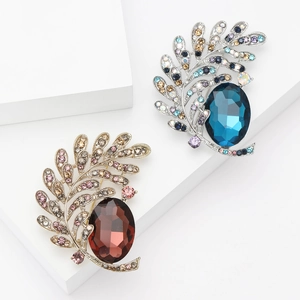 Vintage Alloy Rhinestone Leaf Brooch For Women Elegant Large Oval Gem Inlaid Pin For Suits Dresses Wedding Party Jewelry