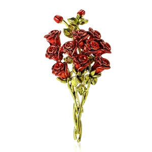 Elegante spilla a bouquet di rose con petali in smalto rosso e foglie verdi dorate su bianco