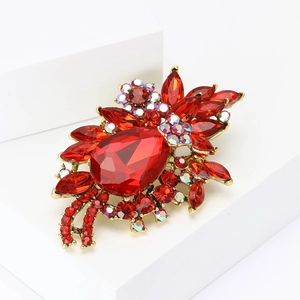Vintage gold alloy bauhinia brooch with red waterdrop rhinestone and AB crystals