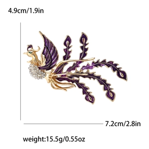 Detail view of colorful phoenix brooch with dimensions showing 7.2cm length and 4.9cm width