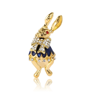 Élégante broche lapin dorée avec émail bleu et nœud papillon en cristal étincelant