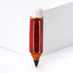 Broche crayon créative en émail avec paillettes rouges et cadre doré pour costumes