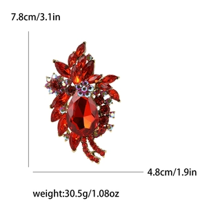 Red flower brooch pin with rhinestones and crystals, dimensions 7.8cm height by 4.8cm width