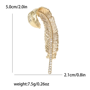 Elegant gold feather brooch with crystals for women coats, size 5.0cm x 2.1cm