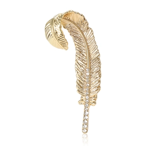 Elegant gold feather brooch with sparkling white rhinestones for suits and dresses