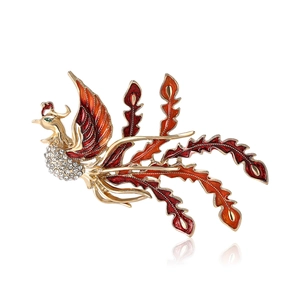 Exquisite gold alloy phoenix brooch with enamel details and sparkling white rhinestones