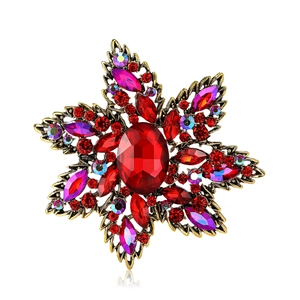 Vintage gold alloy flower brooch with red rhinestones and crystal petals for coats