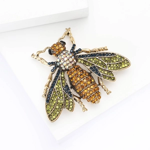 Exquisite bee brooch in vintage gold alloy with vibrant green and blue crystals