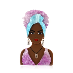 Creative Afro woman acrylic brooch with purple glitter hair and blue headscarf