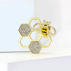 Broche abeille et nid d'abeille dorée avec zircons étincelants pour mode féminine