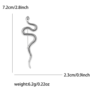Détails de broche serpent argentée montrant les dimensions de 7,2 cm de long et 2,3 cm